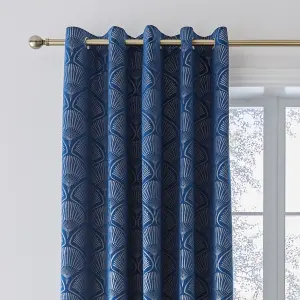 Catherine Lansfield Art Deco Pearl 66x90 Inch Lined Eyelet Curtains Two Panels Navy Blue