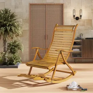 Foldable Adjustable Bamboo Indoor and Outdoor Recliner Chair Sun Lounge Rocking Chair with Retractable Footrest