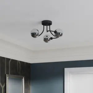 GoodHome Matt Glass & metal Black 3 Lamp LED Ceiling light