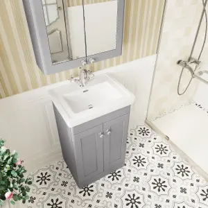 Traditional Floor Standing 2 Door Vanity Unit with 1 Tap Hole Fireclay Basin, 500mm - Satin Grey