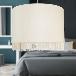 First Choice Lighting Set of 2 Fringed Off White 38cm Fringed Velvet Pendant Shades