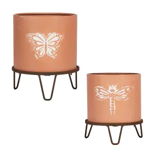 Set of 2 Embossed Butterfly Dragonfly Round Indoor Outdoor Garden Planter Footed Terracotta Flower Plant Pots