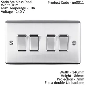 4 Gang Quad Light Switch SATIN STEEL 2 Way 10A White Trim & Metal Rocker