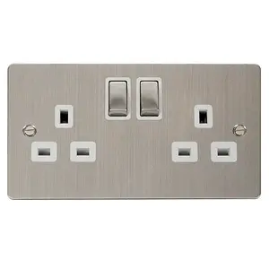 Flat Plate Stainless Steel 2 Gang 13A DP Ingot Twin Double Switched Plug Socket - White Trim - SE Home