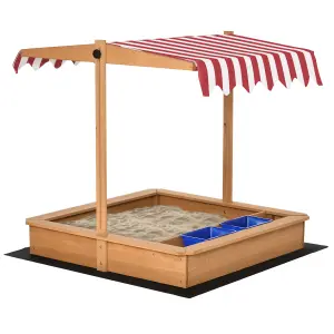 Outsunny Kids Wooden Sandbox Sand Pit Height Adjustable with Canopy Basins