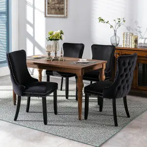 Set of 6 Lux Velvet Tufted Kitchen Dining Chairs with Wooden Legs, High Back Office Bedroom Chairs Black