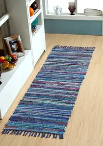 Festival Recycled Cotton Blend Rag Rug in Varied Colourways Indoor and Outdoor Use / 60 cm x 210 cm / Blue