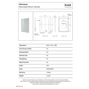 RAK Hestia 500x700mm Silvery White Square with Touch Sensor Illuminated Mirror IP44