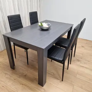 Dining Table and 4 Chairs  Black Dark Grey Leather Chairs Wood Dining Set Furniture