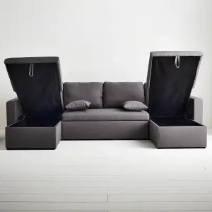 sweeek. 4-seater panoramic sofa bed in fabric Urban Charcoal Grey 281x142x86 cm