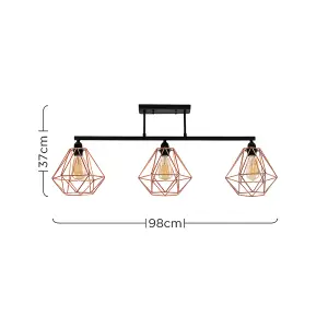 ValueLights Fillatt Industrial 3 Way Satin Black Pipework Ceiling Light with Copper Cage Shades