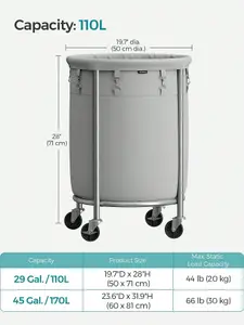 SONGMICS Laundry Basket On Wheels, Laundry Trolley 110L, Round Laundry Hamper With Steel Frame And Removable Bag, Grey And Silver