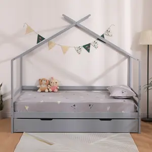 Teddy Kids Childrens Wooden House Treehouse Single Bed Frame With Guest Trundle Bed (Grey)