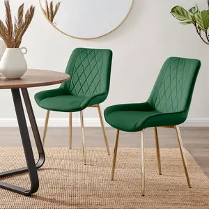 Palermo Velvet Modern Dining Chairs with Tapered Metal Legs & Quilted Diamond Stitching (Set of 2) Green / Gold