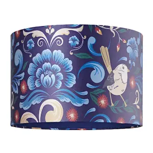 Vivid Floral Midnight Blue Satin Fabric 12 Drum Lamp Shade with Bird Decoration