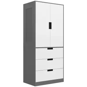 HOMCOM 2 Door Wardrobe Grey Wardrobe with 3 Drawer and Hanging Rod for Bedroom