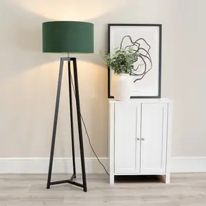 ValueLights Lottie Black Wood Tripod Floor Lamp with Forest Green Drum Shade