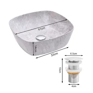 Square Rounded Corners White Ceramic Marble Effect Texture Countertop Basin Bathroom Sink W 410 mm