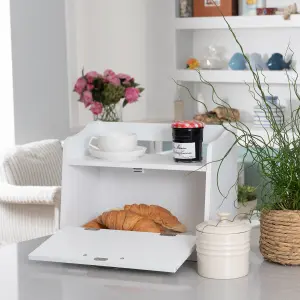 Minack Wooden Bread Bin in White - Freestanding Worktop Storage Box with Shelf