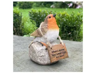 Remembrance Robin with 'When I Appear Your Loved Ones Are Near' sign memorial or grave ornament