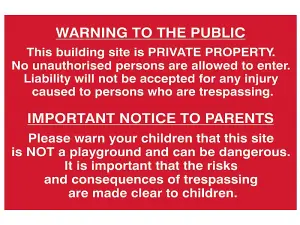 Building Site Safety Warning Sign - Durable PVC 600x400mm