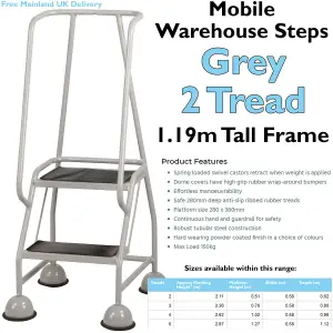 2 Tread Mobile Warehouse Steps GREY 1.19m Portable Safety Ladder & Wheels