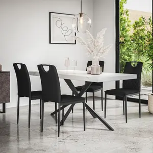 Donni Dining Table And Chairs -  White Marble Effect Table Top w Black Legs + Monza Faux Leather Dining Chair Set Of 4 (Black)