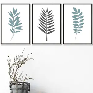 Set of 3 Graphical Blue Grey Leaves Wall Art Prints / 42x59cm (A2) / Black Frame