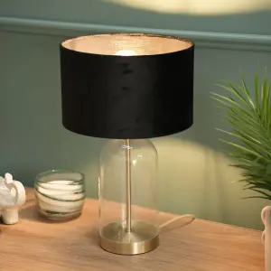 ValueLights Jessy Glass and Gold Metal Bedside Table Lamp with a Black Velvet Lampshade