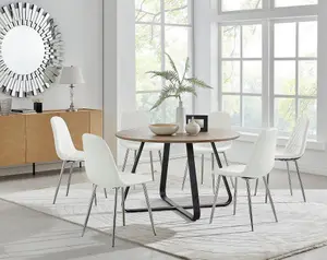 Furniturebox UK Santorini Brown Round Round Dining Table And 6 White Corona Silver Leg Chairs