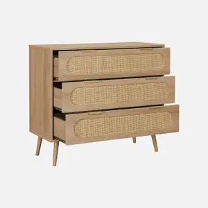 sweeek. 3-drawer chest with wood and rounded cane rattan Eva Natural 90x39x79 cm