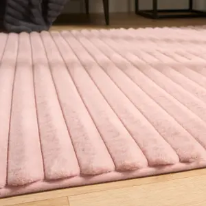 Faux Fur Rug Living Room Ribbed Large Mat Carpet, Blush - 120 x 170cm