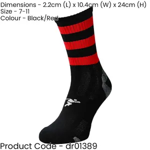 ADULT Size 7-11 Hooped Stripe Football Crew Socks BLACK/RED Training Ankle