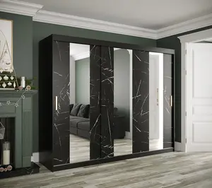 Elegant Black Geneva Sliding Door Wardrobe W2500mm H2000mm D620mm - Mirrored Doors, Gold Handles, Grand Storage