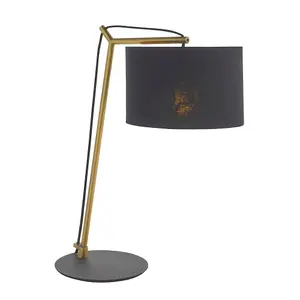 Brass Plated Angular Table Lamp Light - Black Base & Cotton Shade - Desk Light