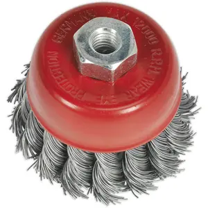 65mm Twisted Knot Wire Cup Brush for Power Tools - M10 Thread, Steel Filaments for Heavy Cleaning