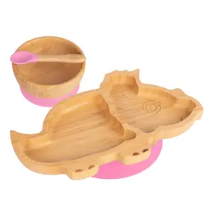 Tiny Dining - Children's Bamboo Suction Dinosaur Dinner Set - Pink