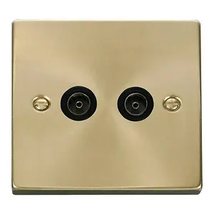 Satin / Brushed Brass 2 Gang Twin Coaxial TV Socket - Black Trim - SE Home