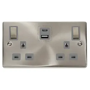 Satin / Brushed Chrome 2 Gang 13A DP Ingot Type A & C USB Twin Double Switched Plug Socket - Grey Trim - SE Home