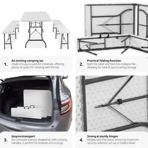 Camping Table and Bench Set - foldable with carry handles - white