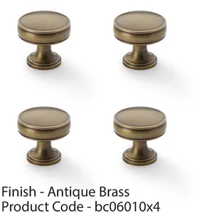 4 PACK - Round Fluted Door Knob - 32mm Diameter Antique Brass Retro Cupboard Pull Handle