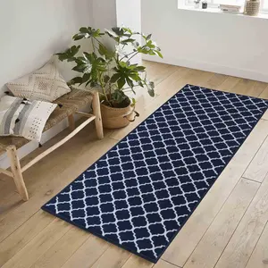 Machine Washable Trellis Design Anti Slip Doormats Navy 80x300 cm