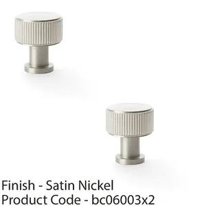 2 PACK - Round Reeded Door Knob - 29mm Diameter Satin Nickel Lined Cupboard Pull Handle