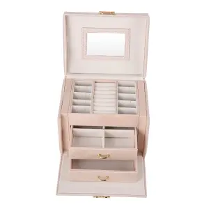 Pink Multi Function Faux Leather Jewellery Storage Box with Drawers Key Lockable