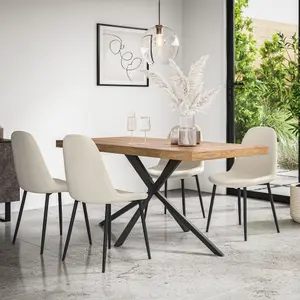 Donni Dining Table And Chairs -  Oak Effect Table Top w Black Legs + Maya Boucle Dining Chair Set Of 4 (Ivory White)