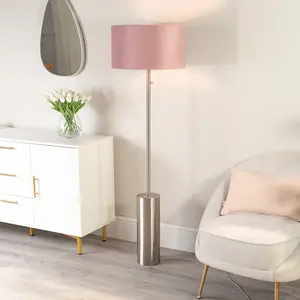 ValueLights Lexy Brushed Chrome Rotary Dimmer Switch Floor Lamp with Blush Pink Velvet Shade