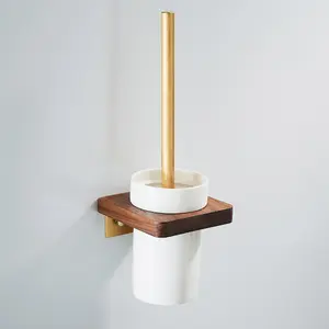 Nes Home Luxury Toilet Brush, Holder and Ceramic Bowl Wooden Walnut & Gold