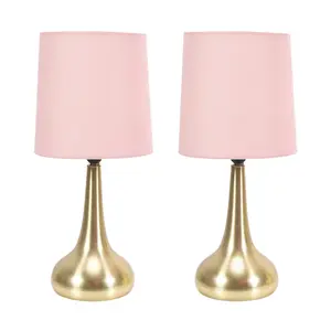 Pair - Brushed Gold Teardrop Touch Dimmer Table Lamps with Blush Pink Shade Bedside Light - LED Bulbs Included