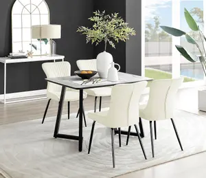 Furniturebox UK Carson White Marble Effect Dining Table & 4 Cream Nora Black Leg Chairs