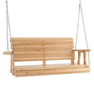 Costway 2-Person Porch Hanging Swing Chair Wooden Garden Swing Bench W/ Cup Holders